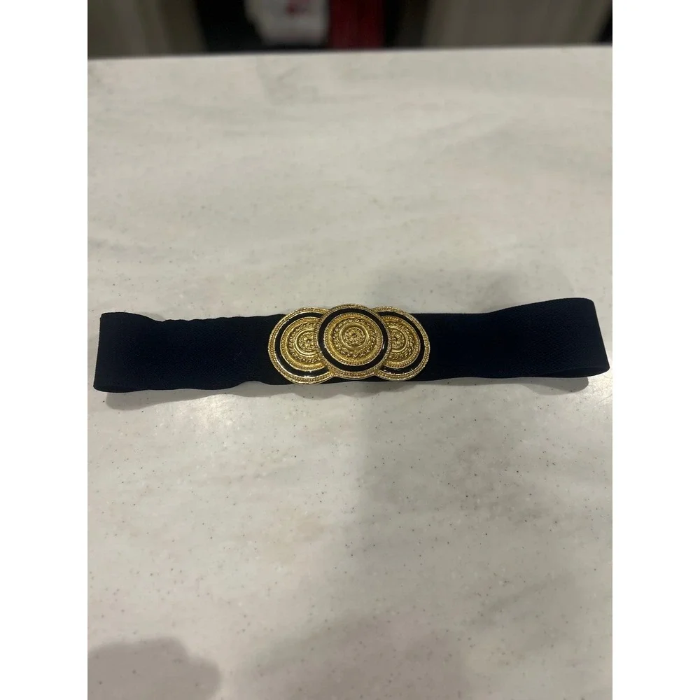 Mimi Lewis Vintage Navy Blue Elastic Cinch Belt Gold Triple Medallion Buckle